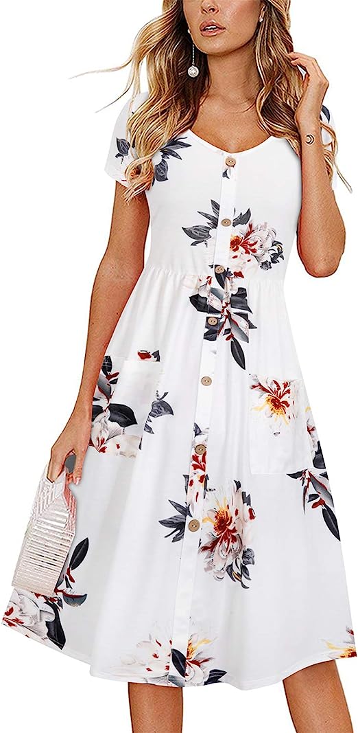VOTEPRETTY Women's Short Sleeve V Neck Sundress Summer Casual Button Floral Dress with Pockets