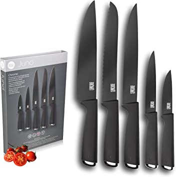 Taylors Eye Witness Juno Chrome 5 Piece Starter Knife Set - Paring, Utility, Carving, Bread & Chef’s Knives. Tapered, Antibacterial Coated Blade. Strong Over Moulded Handle. 5 Year Guarantee