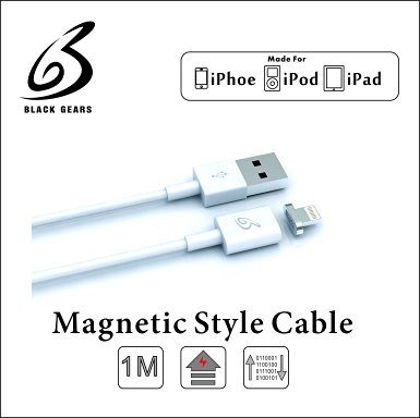 BlackGears Magnetic Style Lighting Cable, Data Sync, Charging, For Apple Device (3Ft, White) -HT