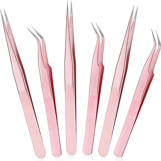 6 Pieces Eyelash Extension Tweezers, Straight and Curved Tip Stainless Steel Tweezers Nippers Volume Lash Tweezers for Eyelash Extensions False Lash Application Tools (Rose Gold)