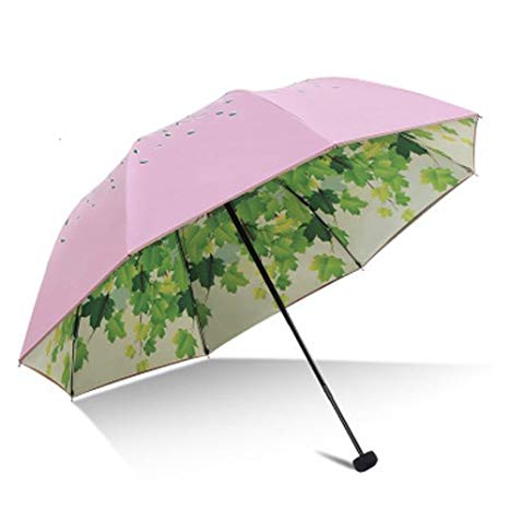 Green Tree Leaf Folding Travel Sun Umbrella Sunblock UV Protection UPF 50  Rain Resistant Compact Size Parasol Fold into Purse
