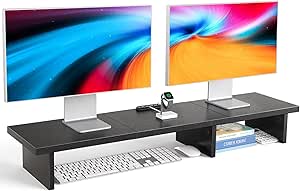 HUANUO Dual Monitor Stand Riser, Monitor Stand for Desk with Cable Clip, Computer Monitor Stand for 2 Monitors, Desktop Storage Shelf Organizer Stand for PC, Laptop, Printer, TV