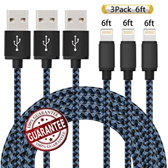 Zcen Lightning Cable, 3Pack 6Ft Nylon Braided Cord iPhone Cable to USB Charging Charger for iPhone 7, Plus, 6, 6S, SE, 5S, 5, 5C, iPad, iPod (Black Blue)