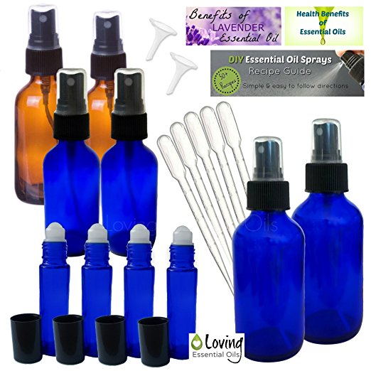 Essential Oil Bottles: 20 PC Kit for Aromatherapy. Blue and Amber Glass Empty Fine Mist Spray Bottle Set, Roller Bottles, Lavender Guide, Benefits of Essential Oils, DIY Recipes Guide.