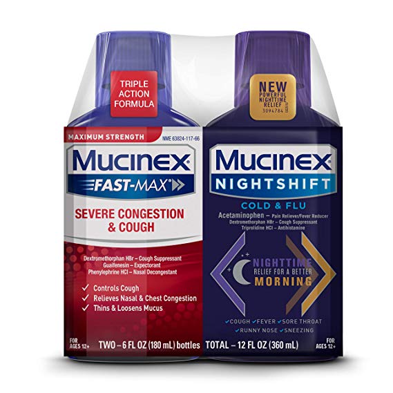 Mucinex Maximum Strength MUCINEX Fast-Max Severe Congestion & Cough & MUCINEX Nightshift Cold & Flu Liquid (2 x 6 fl. oz.) Multi-Symptom Relief