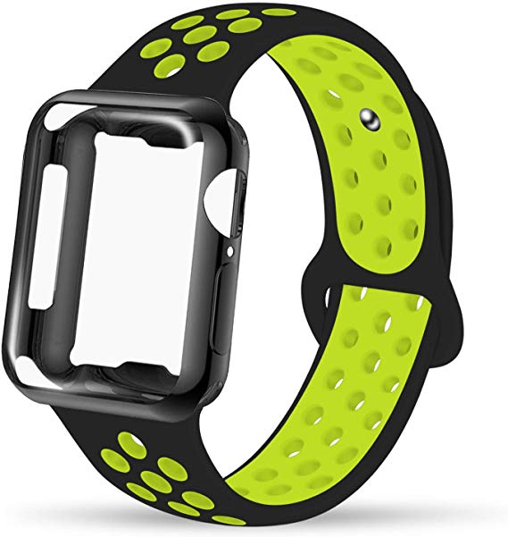 INTENY Compatible for Apple Watch Band 38mm 40mm 42mm 44mm with Case, Soft Silicone Sport Wristband with Apple Watch Screen Protector Compatible for iWatch Apple Watch Series 5, 4, 3, 2, 1