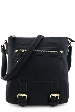 Double Compartment Faux Calfskin Leather Belted Crossbody Bag