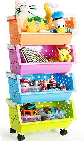 MAGDESIGNER Kids' Toys Storage Organizer Bins Baskets with Wheels Can Move Everywhere Large 4 Baskets Natural/Primary (Primary Collection) (Purple&Blue&Orange&Green)