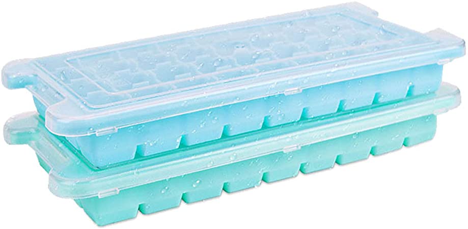 Ice Cube Trays with Lid,2 Packs BPA Free Silicone Large Square Flexible and Easy Release Molds for Party Kitchen Whiskey Cocktail - Blue,Green(36 grids)