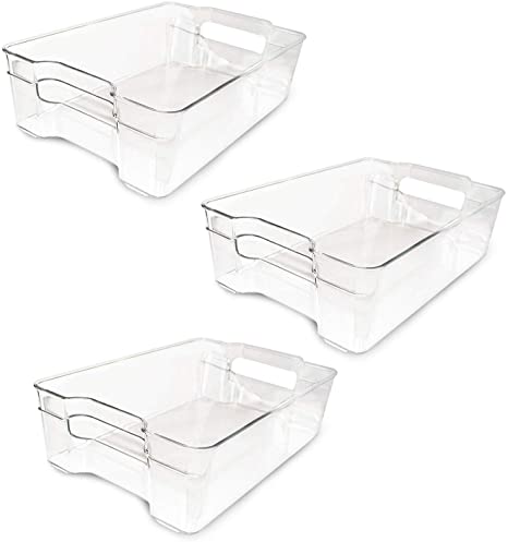 Kurtzy Fridge Storage Trays (3 Pack) - (32.5x22x9cm) Stackable Fridge Organiser Tray with Built-in Handles - Space Saver Freezer Storage and Cabinet Organizer Refrigerator Trays for Vegetables and Fruits