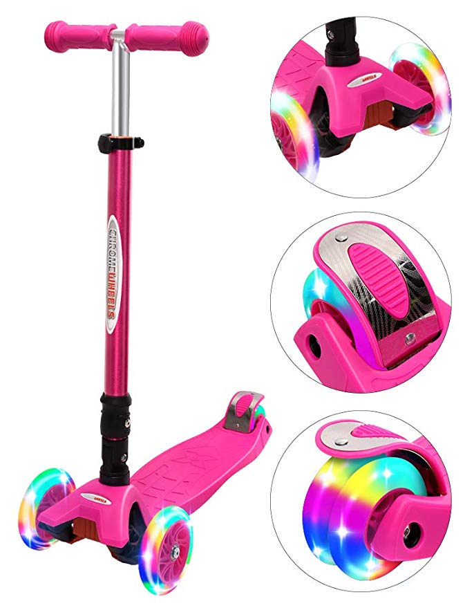 ChromeWheels Scooters for Kids, Deluxe Kick Scooter Foldable 4 Adjustable Height 150lb Weight Limit 3 Wheel, Lean to Steer LED Light Up Wheels, Best Gifts for Girls Boys Age 3-12 Year Old