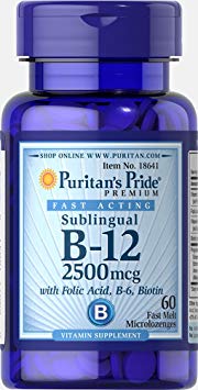 Puritan's Pride Vitamin B-12 2500 mcg Sublingual with Folic Acid, Vitamin B-6 and Biotin-60 Microlozenges