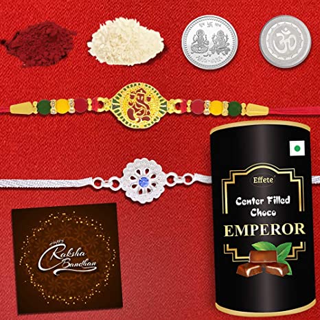DeoDap Silver Plated Rakhi Roli Chawal, Set of 2 with Chocolate Combo and Greeting Cards