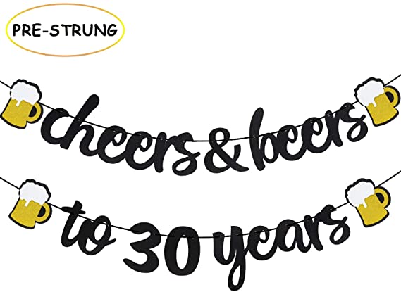 Joymee Cheers & Beers to 30 Years Black Glitter Banner for 30th Birthday Wedding Aniversary Party Supplies Decorations - PRESTRUNG (Cheers & Beers to 30th Years)