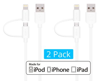 [Apple MFi Certified] [2 Pack] Skiva USBLink (3.2 ft) Lightning Duo 2-in-1 Sync and Charge Cables with Lightning & microUSB connectors for iPhone 6 6Plus, iPad Air, Samsung & more [Model No.: CB126]