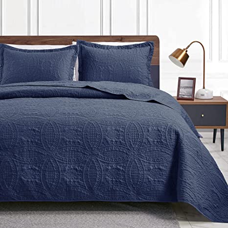 Love's cabin Quilts for Queen Bed Navy Blue Bedspreads - Soft Bed Summer Quilt Lightweight Microfiber Bedspread- Modern Style Coin Pattern Coverlet for All Season - 3 Piece (1 Quilt, 2 Pillow Shams)