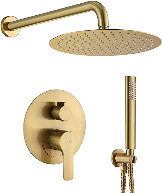 TIPOK Brushed Gold Shower System with 10 Inch Rain Shower Head and Handheld, Gold Shower Faucet Set Has High-Pressure Rain Showerhead and Pressure Balance Golden Brush Brass Valve for Shower Fixtures