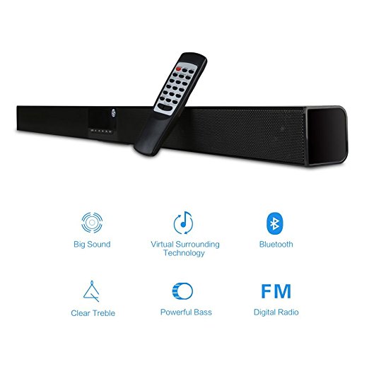 Sound Bar, TRANPSEED Surround Soundbar for TV, 30W 2.0 Channel Wireless Bluetooth Home Theater Speaker Al Metal Enclosed, with Remote Control and FM Radio (Wall Mountable)