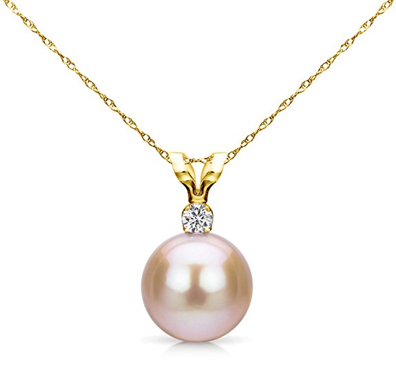 14k Yellow Gold 7-7.5mm Round Freshwater Cultured Pearl Bunny Pendant .01ctw Diamond, 18"