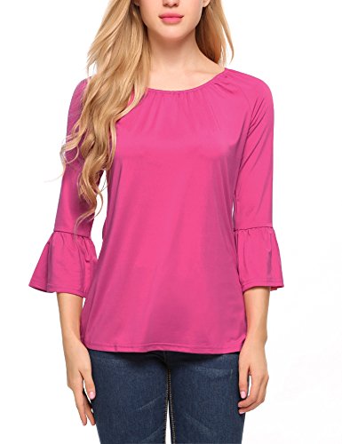 Beyove Women's Summer Casual Scoop Neck Pleated Front Blouse 3/4 Bell Sleeve Top Tunic Shirt