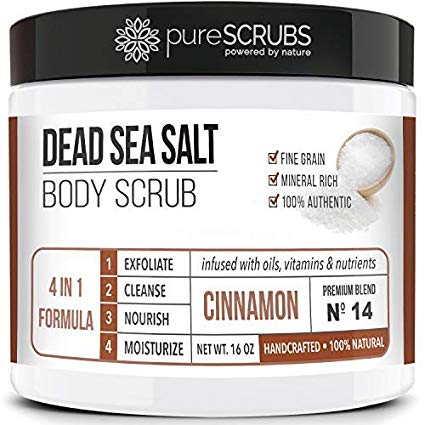 Premium Organic Body Scrub Set - Large 16oz CINNAMON BODY SCRUB - Pure Dead Sea Salt Infused With Organic Essential Oils & Nutrients   FREE Wooden Spoon, Loofah & Mini Organic Exfoliating Bar Soap
