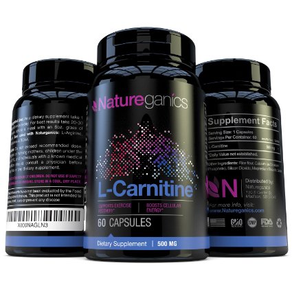 Natureganics L-Carnitine Pure Essential Amino Acids Supports Excercise Recovery Boosts Cellular Energy Helps Cognitive Response 1000mg Daily Manufactured in USA
