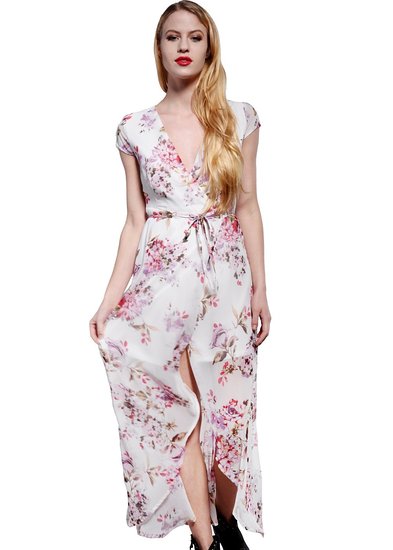 Wink Gal Women's Bohemian Deep V Neck Wrap Floral Print Maxi Long Dress