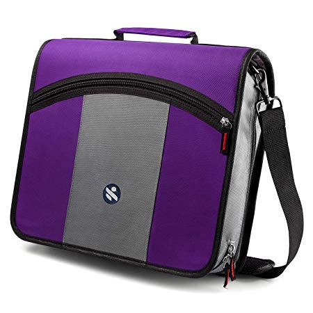 Kinbashi 3-Inch Zipper Binder, Round Ring Binder with Expanding Files, Handle and Shoulder Strap, Purple