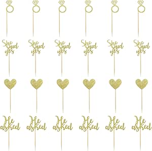 24 Pcs He Asked She Said Yes Cake Topper Gold Cupcake Toppers Heart Diamond Ring Cupcake Picks Glitter Cupcake Decorations for Wedding Engagement Bridal Shower Party Cake Decorations