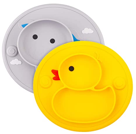 Silicone Divided Toddler Plates - Portable Non Slip Suction Plates for Children Babies and Kids BPA Free Baby Dinner Plate (Yellow Duck  Gray Pig)