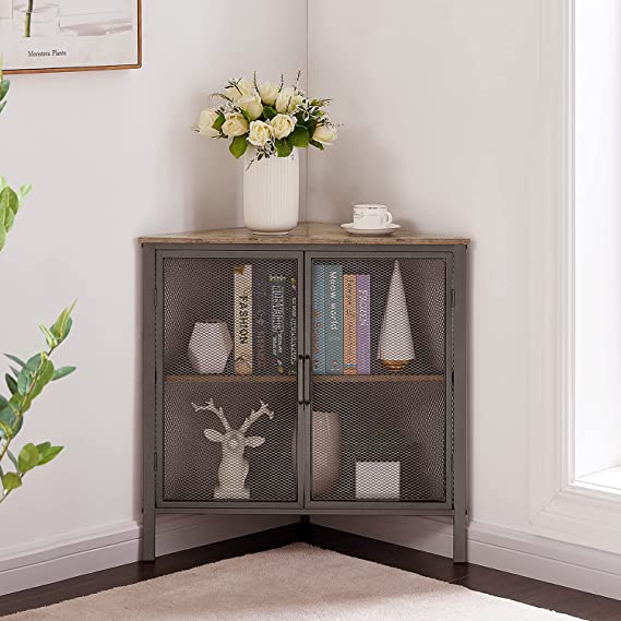 VECELO 3-Tier Corner Shelf Metal Frame Storage Cabinet Organizer with Ventilation Protection Door for Bedroom/Living Room/Kitchen/Bathroom/Entryway, Grey