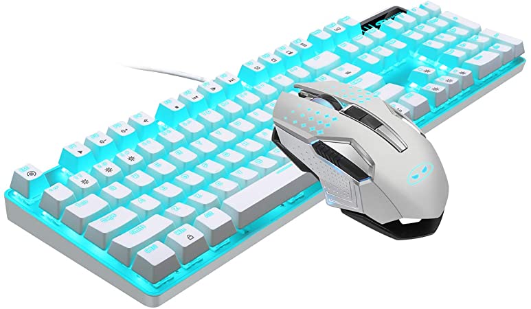 Mechanical Gaming Keyboard and Mouse Combo Blue Switch 104 Keys White Backlit Keyboards, MageGee MK-Storm,7 Button Mouse Wired for PC Gamer Computer Laptop(White)