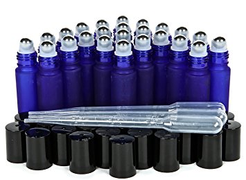 Vivaplex, 24, Frosted, Cobalt Blue, 10 ml Glass Roll-on Bottles with Stainless Steel Roller Balls. 3 - 3 ml Droppers included