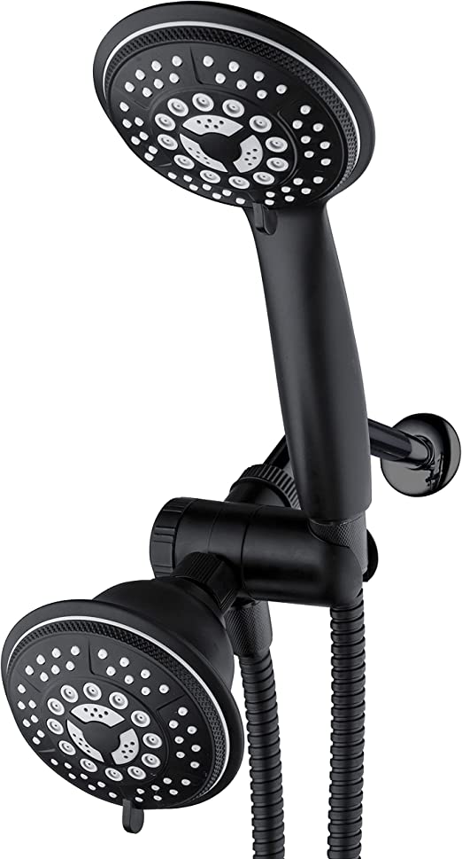 Hydroluxe 1763 Handheld Showerhead & Rain Shower Combo. High Pressure 24 Function 4" Face Dual 2 in 1 Shower Head System with Stainless Steel Hose, Patented 3-way Water Diverter in Matte Black