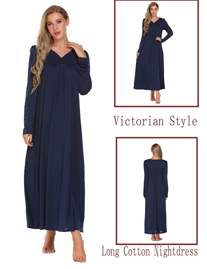 Acecor Womens Long Cotton Nightdress V Neck Long Sleeve Loose Fit Sleepwear Maxi Dress