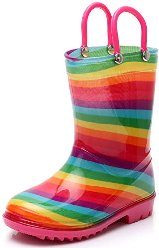 TRIPLE DEER Girl Rainbow Rain Boots Kids Lightweight Cute Waterproof Raining Shoes with Easy-on Handles