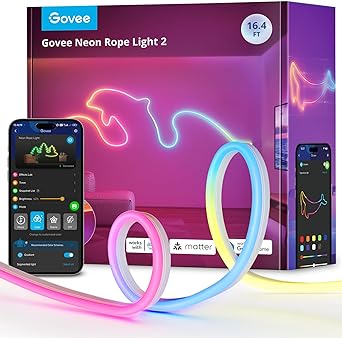 Govee Neon Lights 2, RGBIC Neon Rope Light Works with Matter, Alexa, Google Assistant, Custom DIY Neon Strip Lights for Bedroom and Wall Decor, Shape Mapping, Softer Material, 16.4ft, White