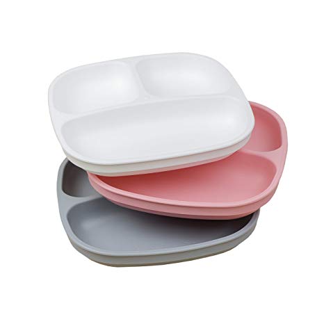 Re-Play Made in USA Toddler Feeding 3pk Divided Plates with Deep Sides and Three Compartments for Easy Self Feeding - Blush/Grey/White (Modern Pink)