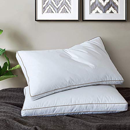 Yalamila White Bed Pillows for Sleeping with 100% Cotton Fabric Cover-Goose Duck Down Feather Filling-Hotel Collection Fluffy Feather Pillows-Hypoallergenic Down Pillows-Set of 2 Standard Size