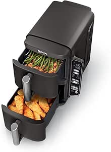 Ninja DoubleStack 2-Basket Air Fryer, DoubleStack Technology Cooks 4 Foods at Once, Space Saving Design, 8 QT, 6-in-1, Smart Finish & Match Cook, Air Fry, Broil, Bake, Easy Meals & Clean, Black, SL201