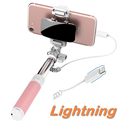 ROCK Mini iPhone 7 Selfie Stick with iPhone Lightning Wire Control & Mirror[5.5" to 24"][Sponge Handle]for iPhone 7/7 Plus and Other iPhone with Lightning Connector (Pink)