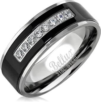 Bellux Style Mens Wedding Bands Stainless Steel Promise Rings for Him Silver Black Comfort-Fit Engagement Jewelry