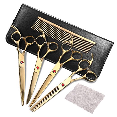 7 Inchs Pet Dog Grooming Scissors Suit,Focuspet 5 pieces Scissors Kit Dog Cat Hair Cutting Thinning Straight-Edge 2 Curved Shears Comb Coated Titanium Stainless Steel Blade Gold