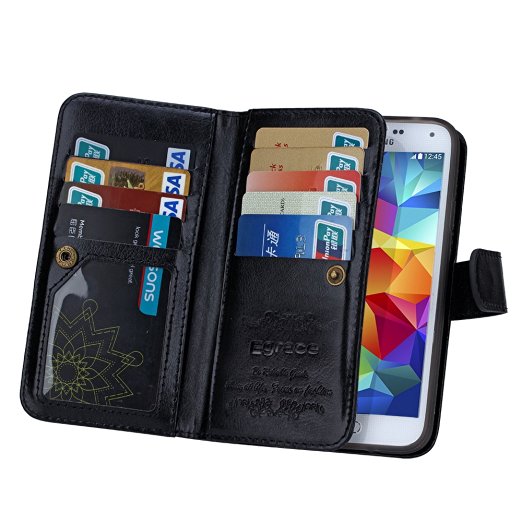 Samsung Galaxy S7 Wallet Case - Egrace Magnetic Removable Detachable PU Leather Wallet Case With Strap & Card Slot For S7 2016 (Black)