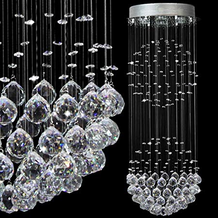 Ella Fashion® LED Modern Contemporary Rain Drop Double Large Crystal Balls Cylinder Flush Mount Ceiling Chandelier Lighting Fixture Lamp for Dining Living Room Foyer Bedroom Kitchen Entry Hallway D15 X H40 Inches 6 Lights