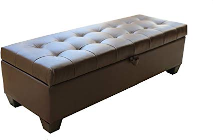 Anzy Brown Tufted Leather Storage Ottoman Bench