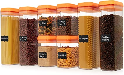 Shazo Airtight Container Set for Food Storage - 8 Pc Set - BPA Free Heavy Duty Plastic - Interchangeable Lids - Clear Plastic - Labels & Marker Included