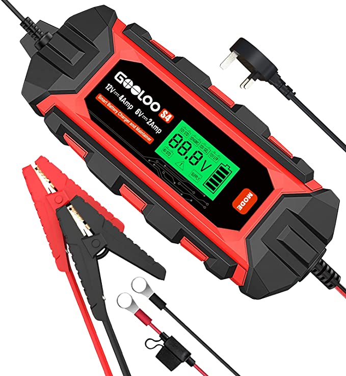 GOOLOO S4, 4A Fully Automatic Battery Charger, 6V/ 12V Car Battery Charger with Intelligent Detection, IP65-Waterproof Portable Trickle Charger and Battery Maintainer With Temperature Compensation