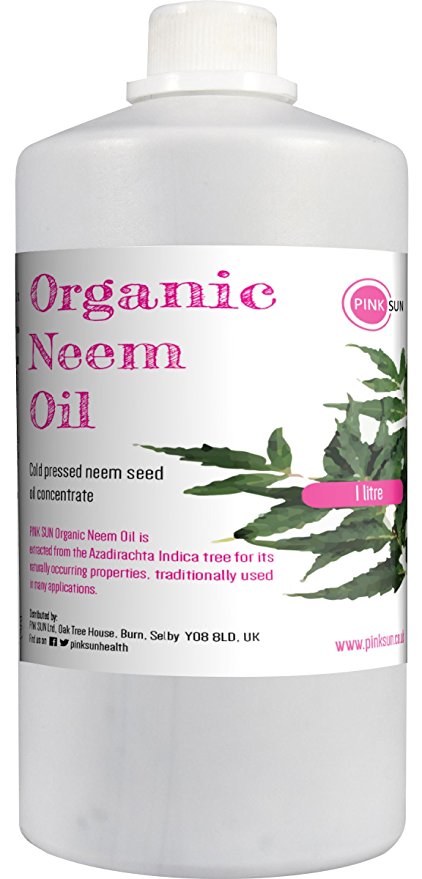 Pure Organic Neem Oil 1 litre (or 250ml) Cold Pressed Unrefined Virgin Concentrate 1000ml - Natural Insect Flea Mite Repellent for Plants and Pets Horses Dogs Skin and Hair Care PINK SUN 1 L