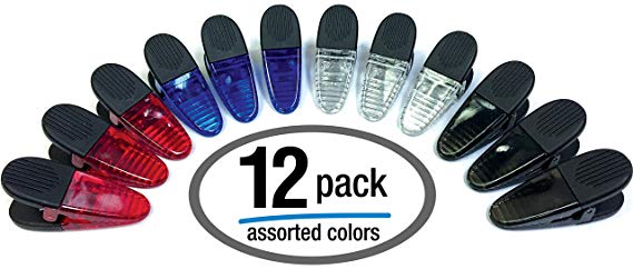 Heavy Duty Magnetic Clips, 12 Pack, with Neodymium Magnets, by Better Office Products, 3 1/4 Inch, All Purpose, Alligator Style, Assorted Colors of Black, White, Red, Blue, 12 Pieces